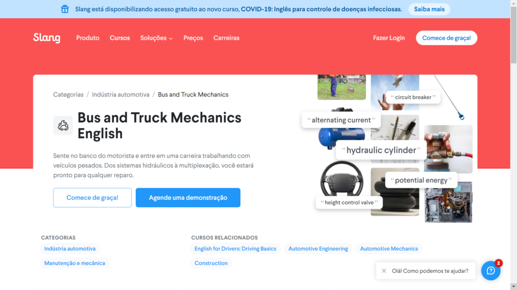 A imagem mostra um print da página do curso Bus and Truck Mechanics English da Slang. 