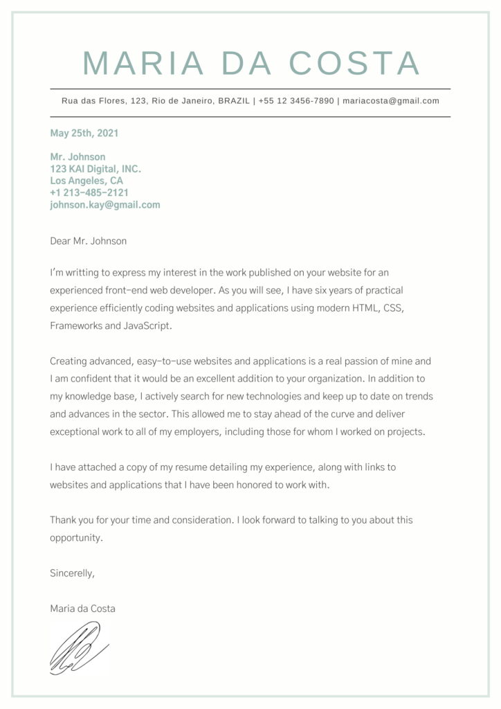 La imagen muestra una carta de presentación en inglés de una persona llamada Maria da Costa, que quiere postularse al cargo Desarrolladora Front-End en la empresa KAI Digital, INC. 