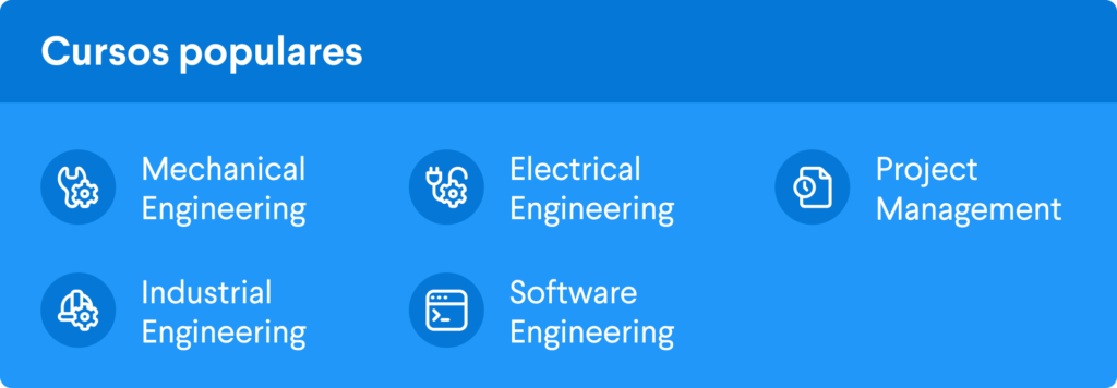 Print dos cursos populares no ITT. Mostra os títulos: "Mechanical Engineering", "Electrical Engineering", "Project Management", "Industrial Engineering" e "Software Engineering".