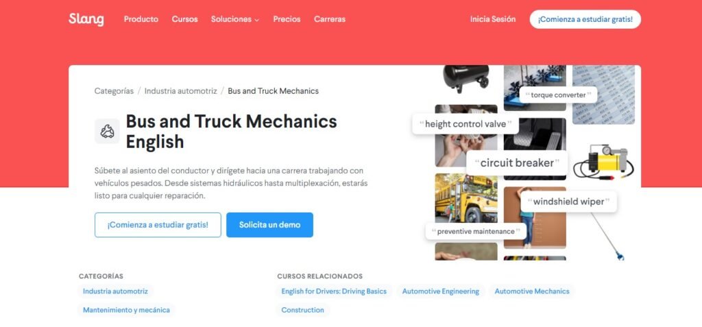La imagen muestra una captura de pantalla de la página del curso de Bus and Truck Mechanics English de Slang. 