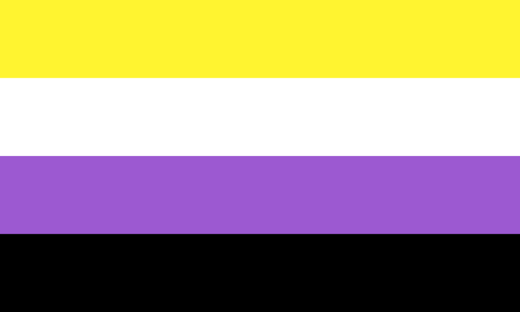 Bandeira não-binária formada por quatro faixas horizontais amarela, branca, roxa e preta, respectivamente.